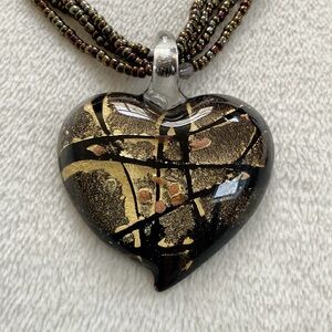 Vintage Murano Style Art Glass Heart Pendant Necklace Multistrand Beads